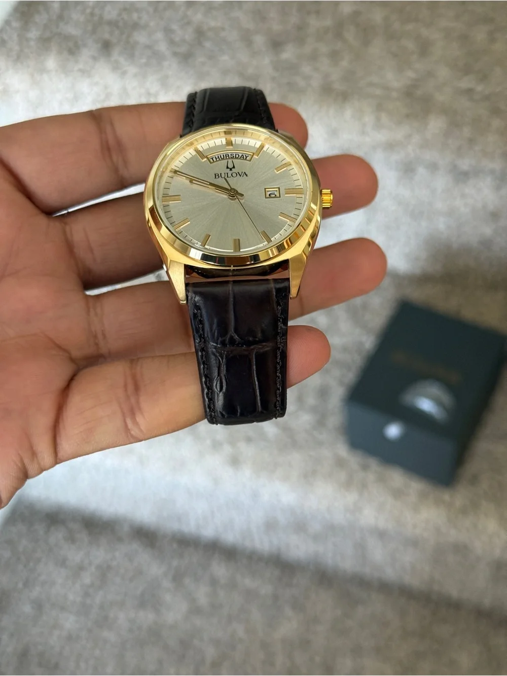 Bulova classic gold -Tone Dress Watch with Brown Leather Strap daydate